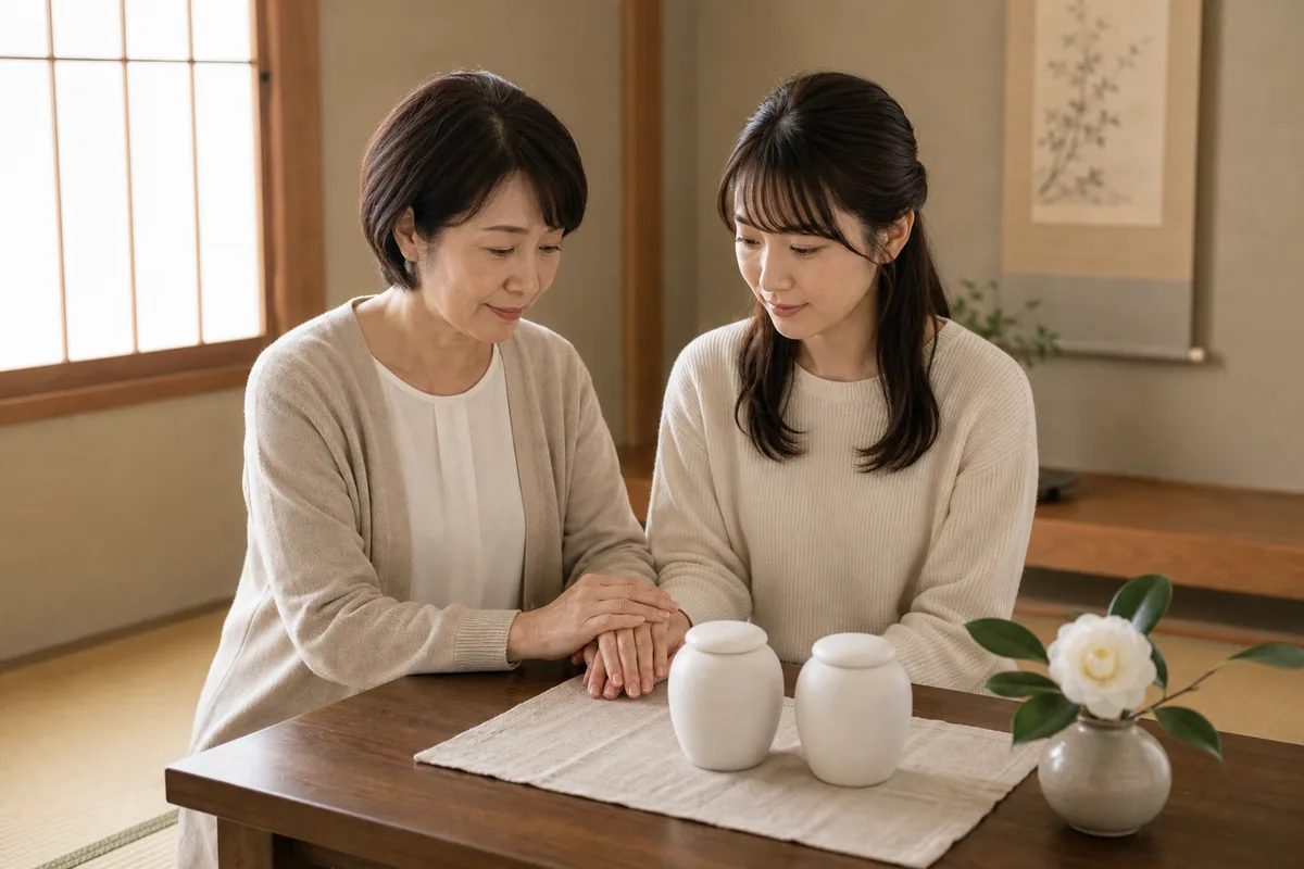 東京湾を背景に大小の白い骨壺2つが並ぶイメージ（火葬時の分骨の3パターンの象徴）