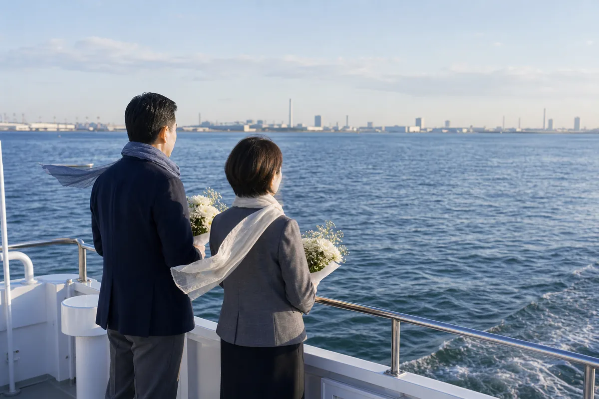 東京湾の風を受けるデッキとマフラーが揺れるイメージ（東京湾の海上気温と防風対策の象徴）