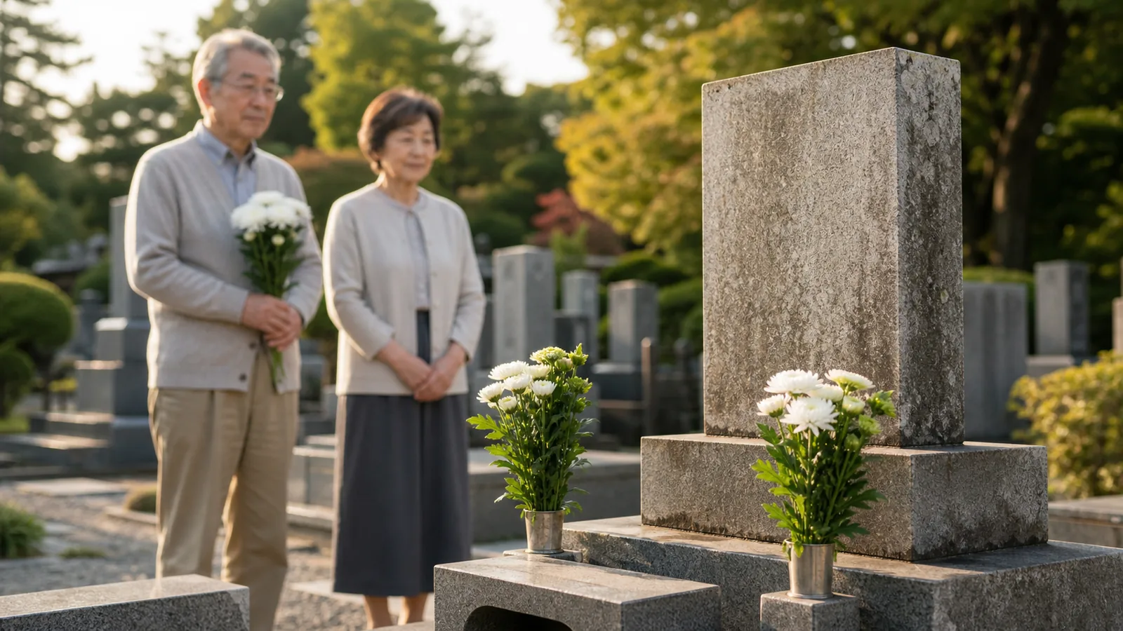 夕暮れの墓地で白菊の花を供える高齢夫婦（墓じまいから海洋散骨へのアイキャッチ）