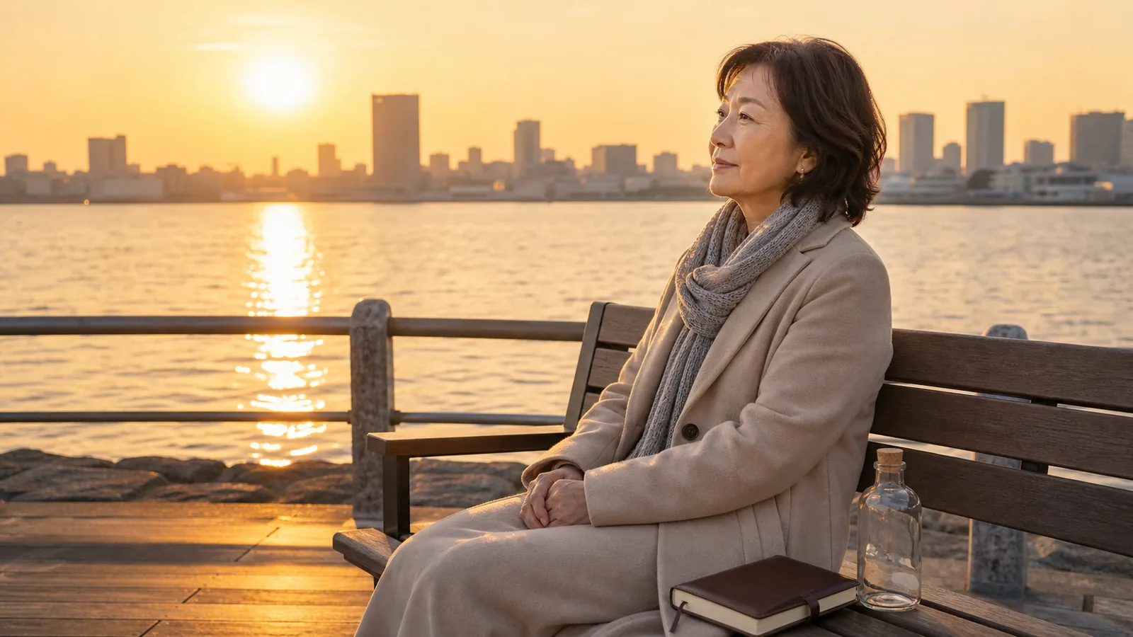 夕暮れの東京湾を望むベンチに座り、空のガラス瓶とノートを傍らに置いて思案する60代女性（海洋散骨で後悔しないためのアイキャッチ）