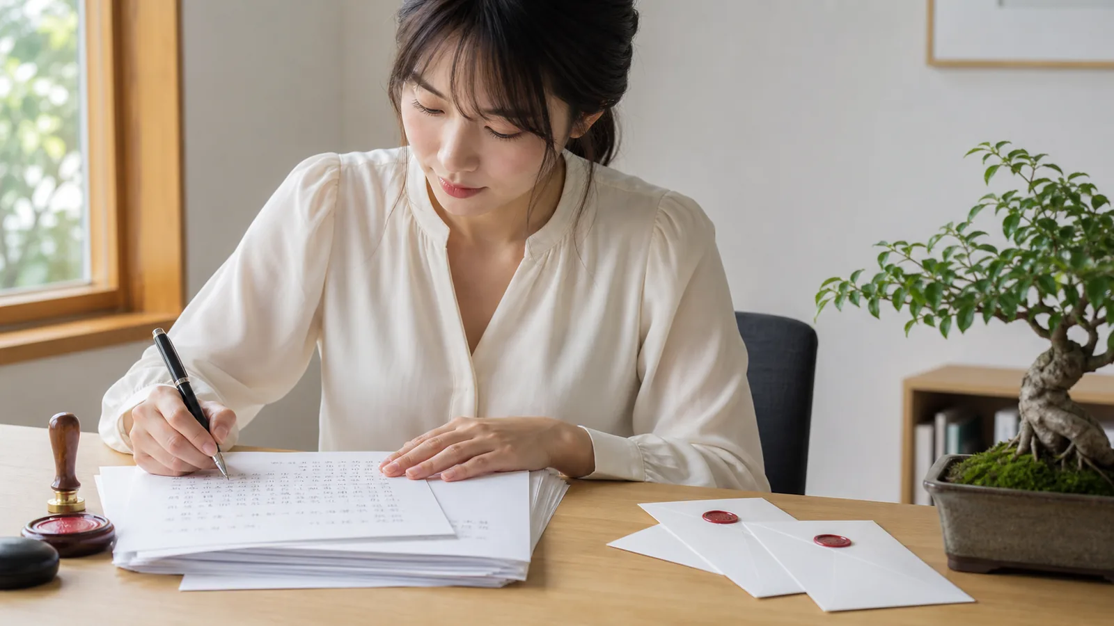 白い書類に向かいペンを持ち、卓上に蝋封印章と白封筒を並べた30代女性（散骨の許認可書類解説のアイキャッチ）