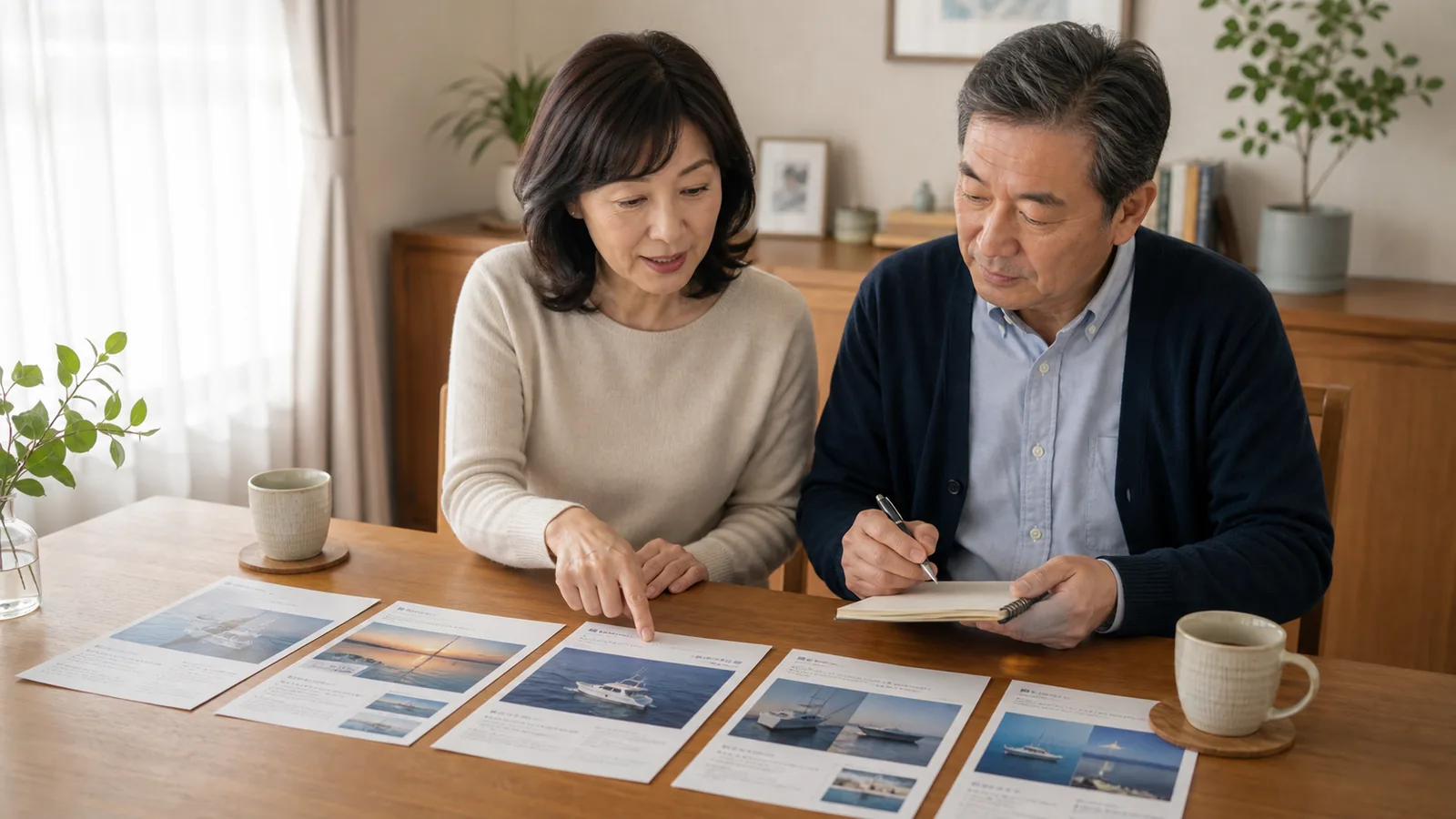 リビングで5枚の業者パンフレットを並べて比較し、ノートにメモを取る50代夫婦（海洋散骨業者の選び方のアイキャッチ）