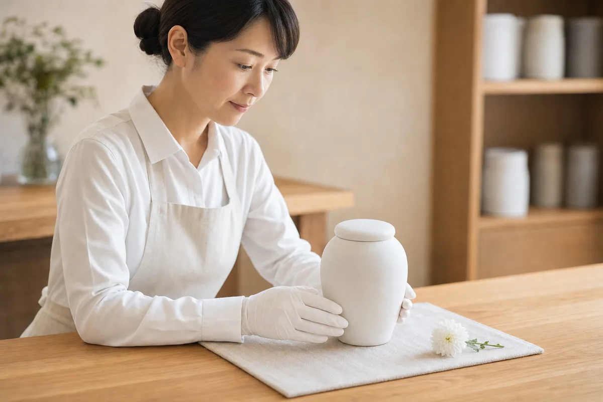 東京湾を背景に「2mm」と書かれた定規と散骨ガイドライン冊子のイメージ（粉骨2mm基準の根拠の象徴）