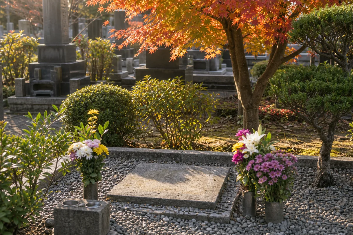 東京湾を背景に墓地・石材店・散骨業者・行政窓口の役割分担を示すフロー図のイメージ（相談先の整理の象徴）