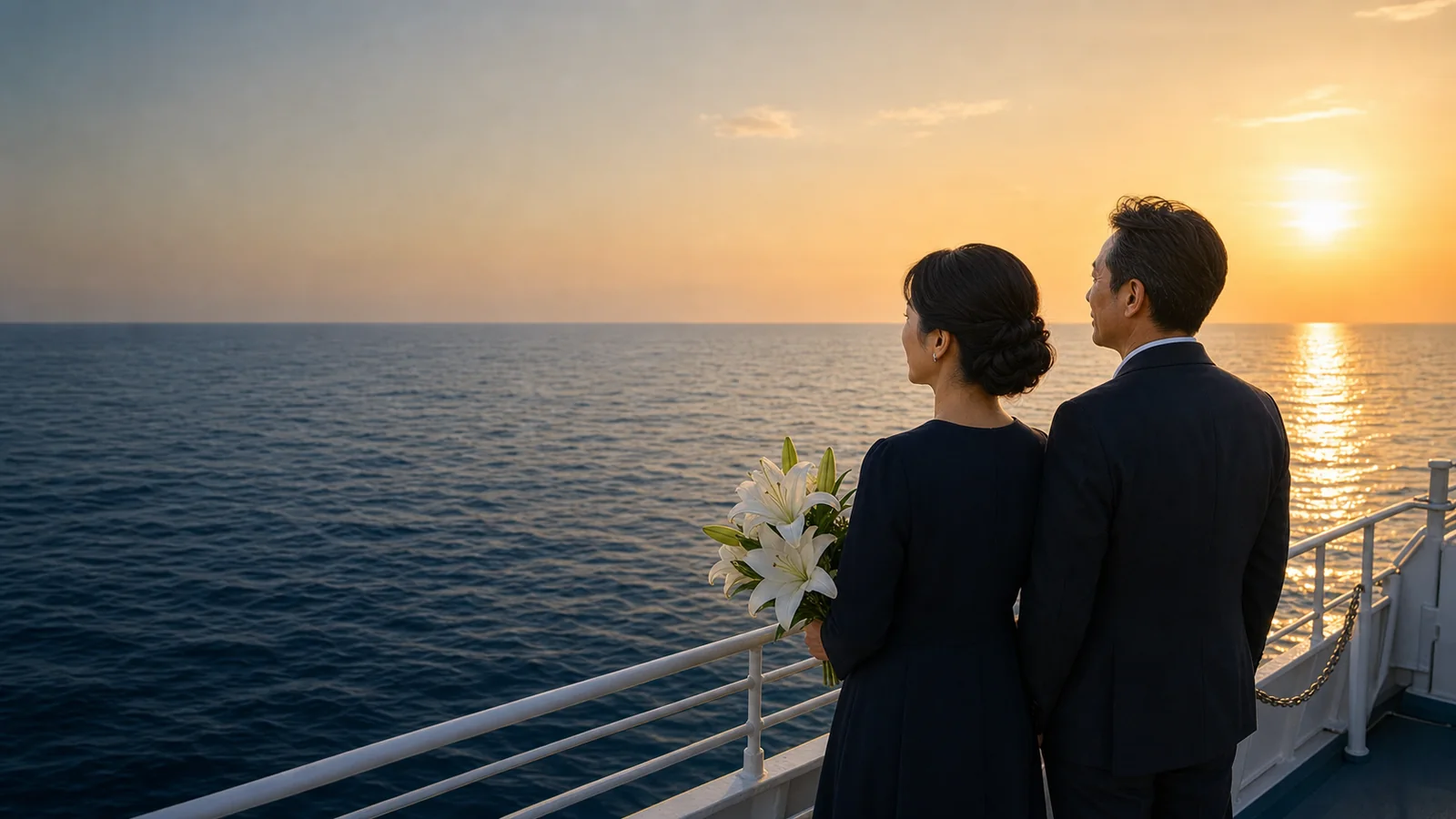 東京湾の夕暮れの海を望むご夫婦(海洋散骨イメージ)