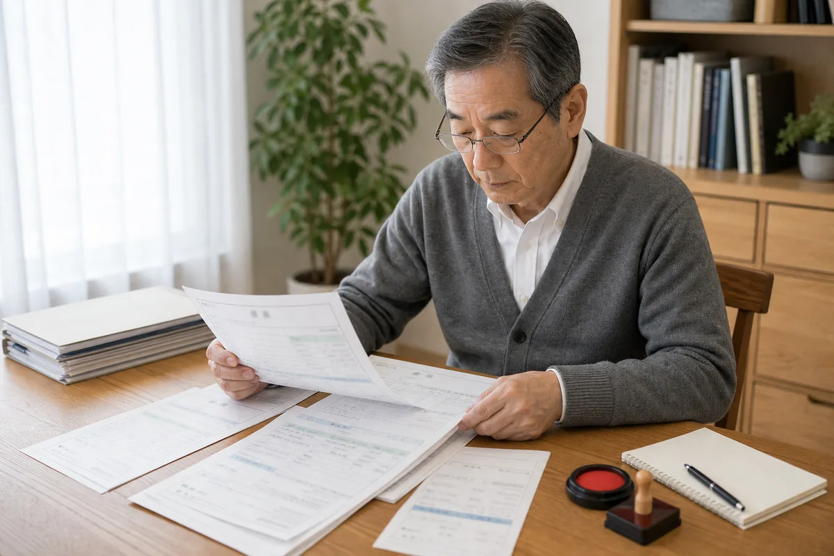 東京湾を背景に火葬許可証と書類が並ぶイメージ（個人散骨の必要書類の象徴）