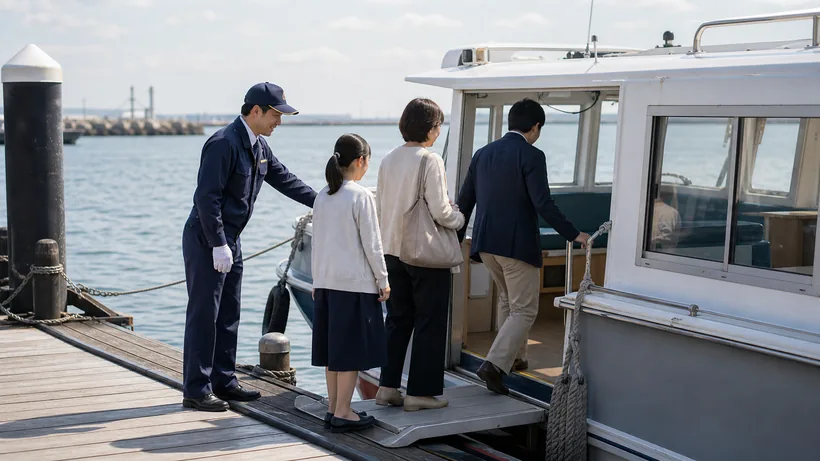 海洋散骨当日・出航港から乗船する遺族の様子