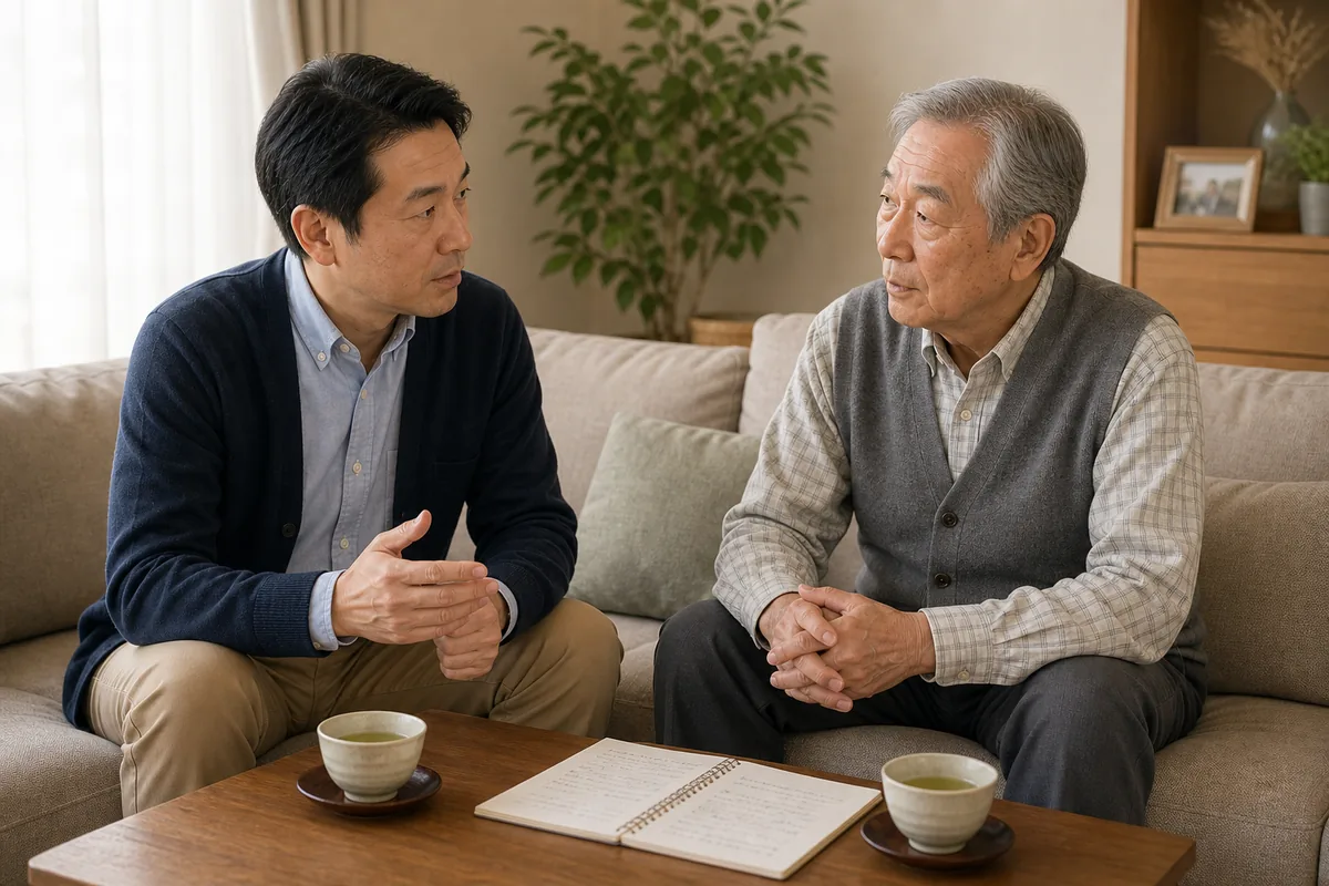 東京湾を背景に向き合って話し合う家族のシルエット（親族との話し合いを象徴）