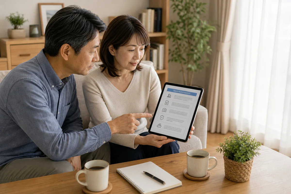 東京湾の薄霧と書類に赤い「!」が重なる警戒イメージ（悪質業者の手口・前払い倒産・証明書偽装の象徴）
