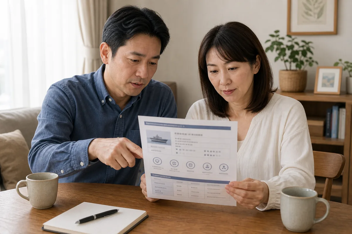 東京湾の朝霧と赤い注意マーク（!）が浮かぶ警戒イメージ（悪質業者を見抜く5つのサインの象徴）
